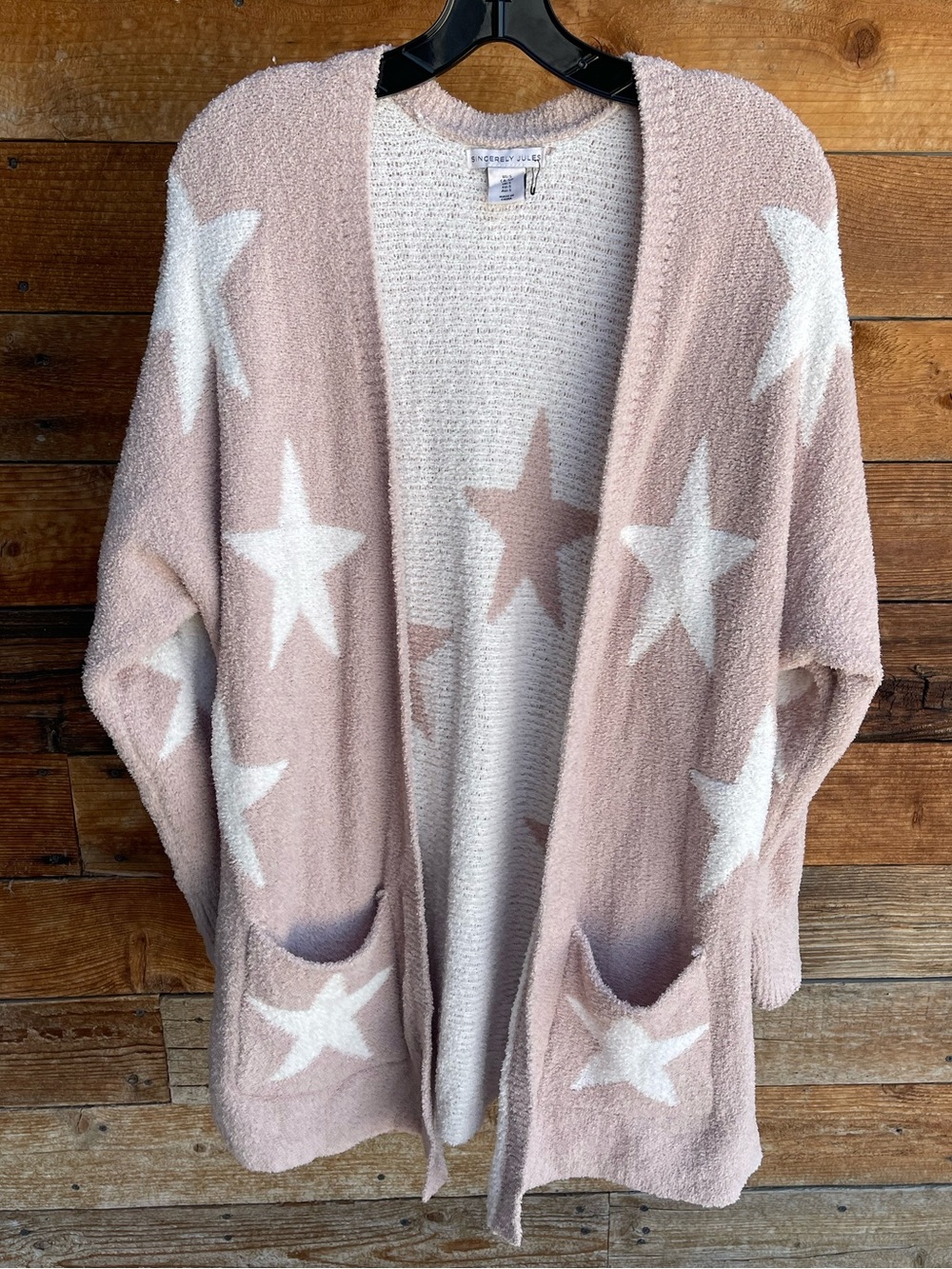 Sincerely Jules Cozy Pink Star Cardigan Sweater Size S Soft Open Front Pockets